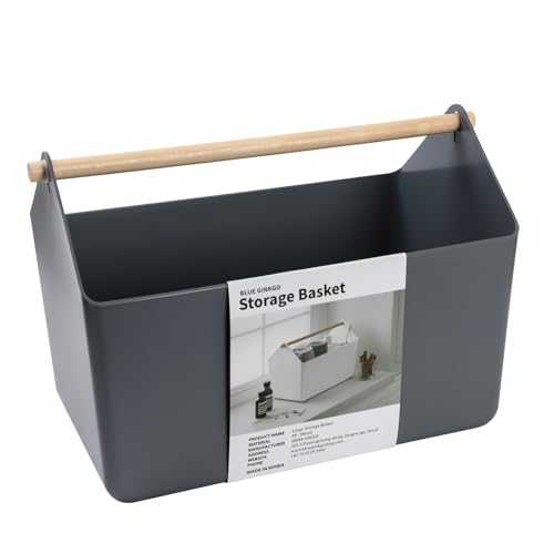 BLUE GINKGO Large Storage Basket – Plastic Caddy with Wooden Handle for Bathroom, Pantry, or Cleaning Supplies (Gray) - color: GREY, size: Large