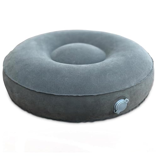 BOWERY HILL Fabric Round Inflatable Travel Meditation Cushion, Light Gray, 16 in x 5.5 in, Adjustable Air Chamber, Durable Flocked Microfiber, Lightweight Portable Design with Carry Case, Yoga or