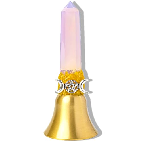 Handbells Altar Bells Natural Crystal Tower Bell Witch's Bells Hand Bell Loud Brass Call Bells for Meditation, Prayer, Reception, Pet Feeding and Home Decoration (Rose Opal, 4.53") - color: Rose Opal, size: 4.53"