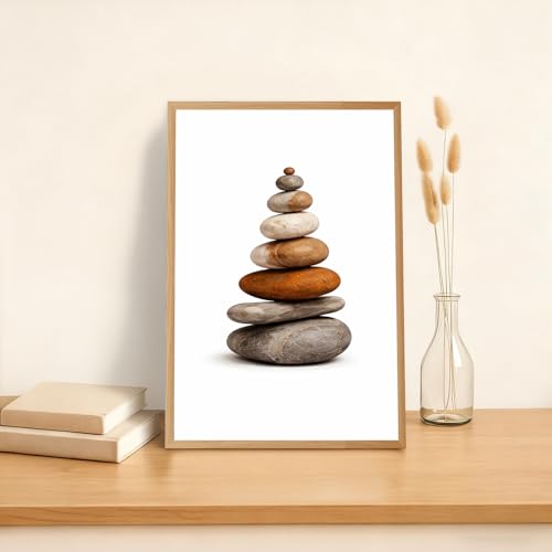 Framed Zen Stone Stack Poster Canvas Print Art Wall Art Painting Pictures Wall Decor Minimalist Aesthetic Home Decor Living Room Bedroom Apartment (Wooden Framed,12“LX16 W)