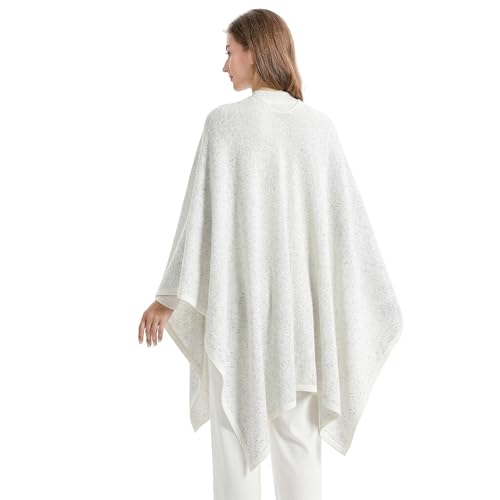 ZLYC Women's Shawl Golden Trim Knit Blanket Wrap Fringe Poncho Coat Cardigan - color: Solid White
