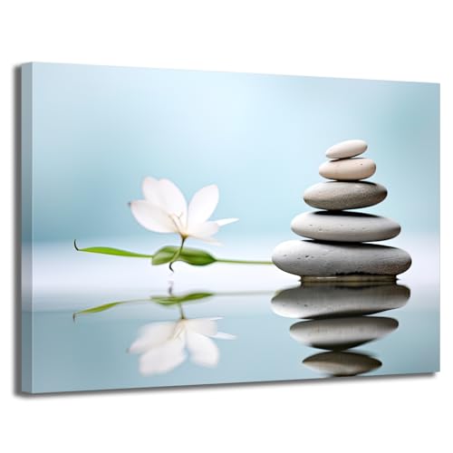 GLOKAKA Zen Stone Canvas Wall Art Spa Stone with White Flower and Butterfly Picture Bathroom Wall Art Modern Spa Artwork for Spiritual Yoga Room Bedroom Picture Wall Decor - color: Zen Stone 02, size: 18"L x 12"W