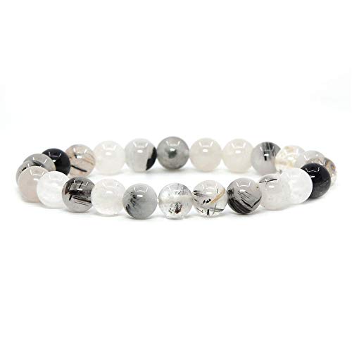 Justinstones Gem Semi Precious Gemstone 8mm Round Beads Stretch Bracelet 7 Inch Unisex - color: Black Rutilated Quartz