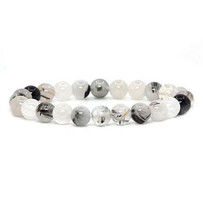 Justinstones Gem Semi Precious Gemstone 8mm Round Beads Stretch Bracelet 7 Inch Unisex - color: Black Rutilated Quartz