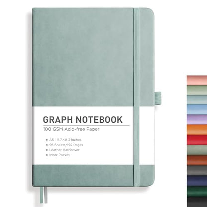 RETTACY Graph Grid Paper Notebook, 192 Pages, A5 Medium Size (5.7'' x 8.3''), 5 Squares per Inch, Leather Hardcover, 100 GSM Thick Paper, for School, Students, Math, Engineering (Blue-gray) - color: Blue-gray, style: Grid