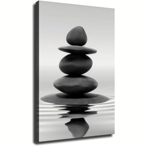 Black and White Bathroom Wall Art Zen Stones in The Water HD Print Posters for Living Room Bedroom Office Kitchen Home Decor (Framed,16×24 inch) - color: Framed, size: 16×24 inch