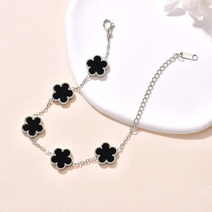 FLY FEI 18K Gold-Plated Four Leaf Clover Bracelet for Women,Adjustable lucky Bracelet Set Jewelry Gift-Hypoallergenic Charm for Birthdays, Wellness & Daily Wear - color: style03-Black+White(silvery2pcs)