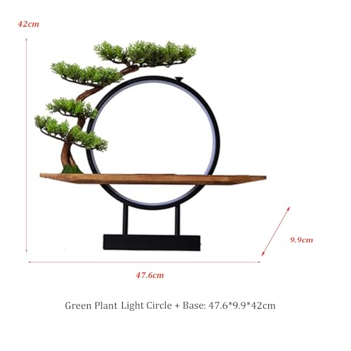 Wooden Buddha Altar Table with Green Artificial Tree and LED Circle Table Lamp, Small Buddha Statue Basem with Spacious Wooden Tray, Tabletop Desktop Zen Decor