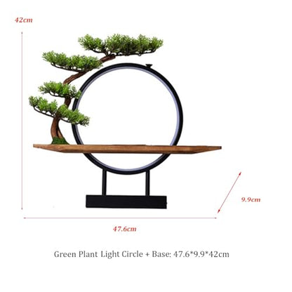 Wooden Buddha Altar Table with Green Artificial Tree and LED Circle Table Lamp, Small Buddha Statue Basem with Spacious Wooden Tray, Tabletop Desktop Zen Decor