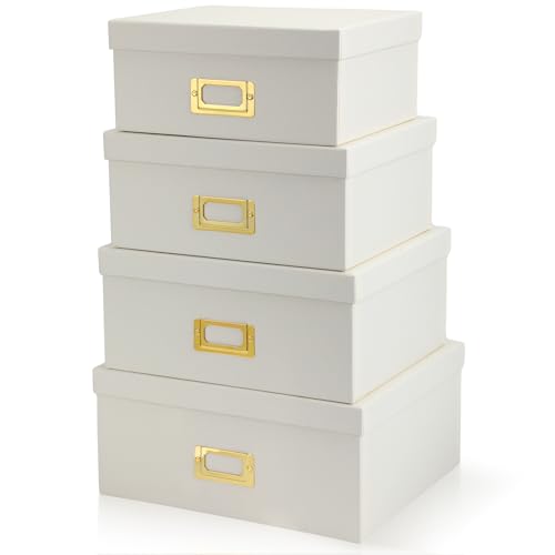 Set of 4 Decorative Storage Boxes with Lids, Kraft Paper Boxes with Gold Label Holders, Decorative Photo Memory Keepsakes Storage, Cardboard Organizers for Home Decor, Office Organizing(White) - color: white