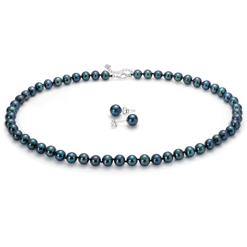 Tahitian Cultured Black Pearl Necklace & Earrings Set | 7.5-8mm Round Exotic Pearls with 925 Sterling Silver Clasp | Luxury Jewelry Gift for Wife/Mom/Girlfriend, 18"+2" Extender - color: Necklace & Earrings