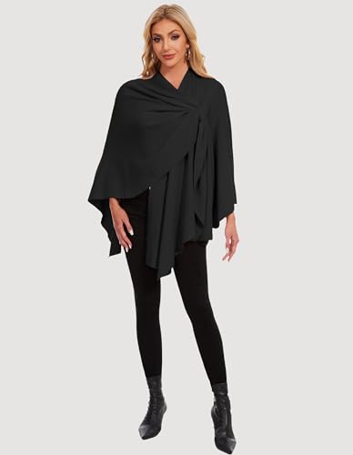 PULI Womens Elegant Cross Front Shawl Wraps Knitted Ponchos Cape Light Weight Poncho Sweater Soft Warm Travel Wraps - color: Black