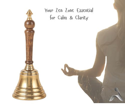 Hand Bell with Antique Brass Finish and Wooden Handle – Perfect for Weddings, Schools, Games, Reception Desks, Religious Ceremonies & Events – 3” Diameter, 8” Height