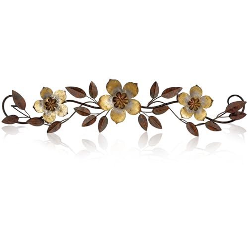 Wesiti Metal Flower Wall Decor Vintage Metal Flower Wrought Iron Scroll Sculpture 15.7''x3.7'' Not 3D, Flat Farmhouse Leaf Wall Decor with Nails for Summer Bedroom Kitchen Indoor Outdoor(Gold) - color: Gold