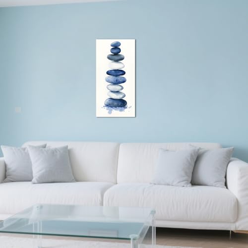 ZQQART Zen Stone Canvas Wall Art Blue and White Zen Stone Paintings Bathroom Pictures Relaxing Spa Meditation Room Spiritual Artwork for Living Room Framed (16W x 32L) - size: 16W" x 32L"