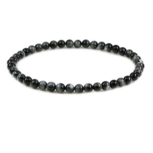 Keleny Gem Semi Precious Gemstones 4mm Round Beads Crystal Stretch Bracelet 7 Inch Unisex - color: Black Hawk Eye Quartz