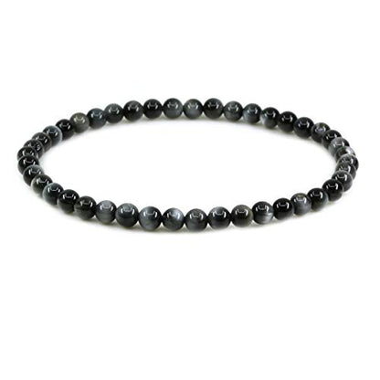 Keleny Gem Semi Precious Gemstones 4mm Round Beads Crystal Stretch Bracelet 7 Inch Unisex - color: Black Hawk Eye Quartz
