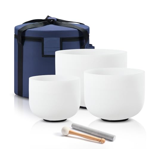 440HZ Sound Healing 8''-12'' Set of 3 Crystal Singing Bowls, Frosted Chakra Quartz Crystal Sound Bowl 8'' A Third-Eye, 10'' F Heart, 12'' C Root With Carry Bags and Mallet