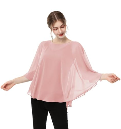 Capes for Womens Casual chiffon shawl Casual Chiffon Cape Sheer shawls and wraps Poncho Capelets Cover Up - color: Blush