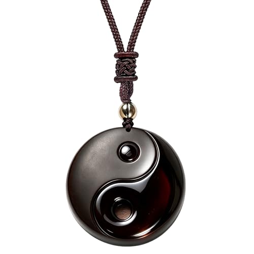 Black Obsidian Yin Yang Necklace for Men Women, Tai Chi Pendant Obsidian Balance Necklace for Releasing Negativity, Talisman Spiritual Healing Jewelry for Protection Amulet - color: Brown