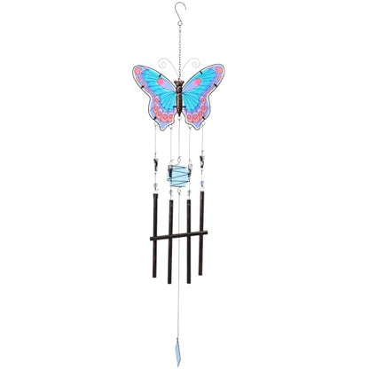 Butterfly Wind Chimes for Outside, Stained Glass Wind Chime Windchimes for Patio, Outdoor,Garden,Yard,Coastal,Window,Home Decor or Gifts for Women(Blue & Red)
