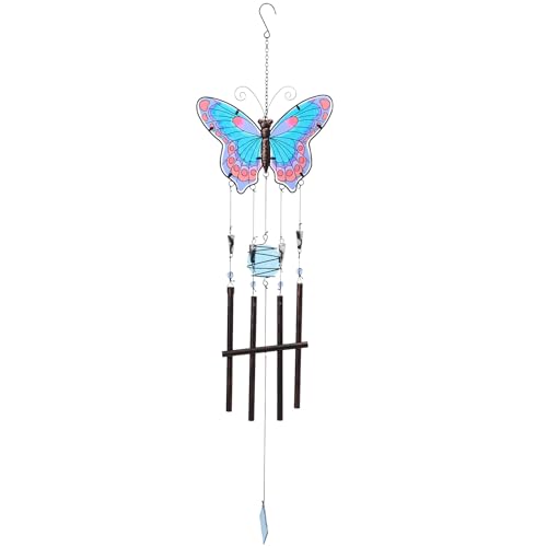 Butterfly Wind Chimes for Outside, Stained Glass Wind Chime Windchimes for Patio, Outdoor,Garden,Yard,Coastal,Window,Home Decor or Gifts for Women(Blue & Red)