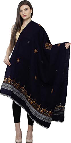 Exotic India Women's Pure Wool Shawl from Kutch with Central Embroidered Chakra and Mirrors Ethnic Design Stole, Scarves - color: Astral Aura