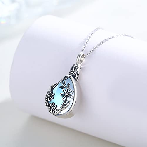 JUSTKIDSTOY Moonstone Urn Necklace for Ashes Sterling Silver Daisy/Rose/Tree Teardrop Pendant Necklace Cremation Jewelry Keepsake Memorial Gifts for Mother Grandma w/Funnel Filler - style: Daisy