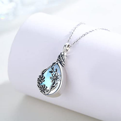 JUSTKIDSTOY Moonstone Urn Necklace for Ashes Sterling Silver Daisy/Rose/Tree Teardrop Pendant Necklace Cremation Jewelry Keepsake Memorial Gifts for Mother Grandma w/Funnel Filler - style: Daisy