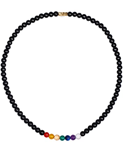 Reiki 7 Chakra Obsidian Beaded Necklace Protection Spiritual Crystals Meditation Yoga Necklaces for Women and Men Good Luck Jewelry - size: 18in
