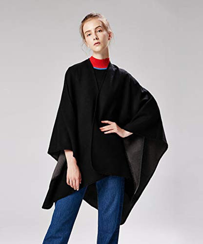 Women's Shawls and Wraps Open Front Poncho Cape Winter Sweater - color: A1- Black