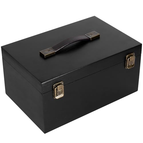 ANMINY Wooden Keepsake Memory Box with Lid Bamboo Wood Storage Box with Hinged Lid & PU Leather Handles Large Decorative Wooden Chest Box for Crafts Stash Gifts - Black, 11.8" L x 7.8" W x 5.9" H - color: Black - Clasp Lid