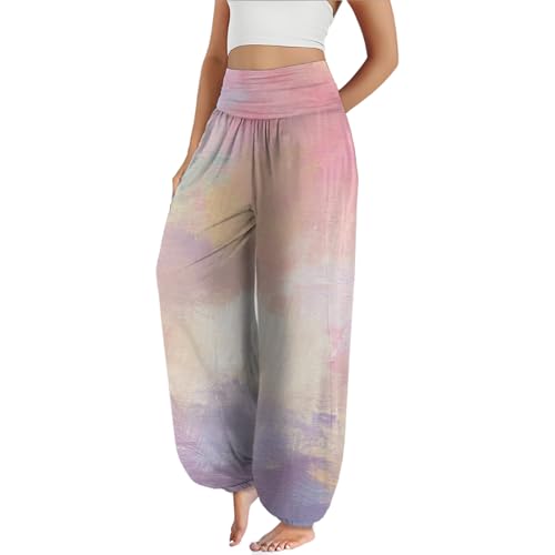 Harem Pants for Women Dressy Casual Yoga Trousers Summer Trendy Workout Flowy Print Graphic Floral Outfits 2025 - color: Pink Purple, size: X-Large