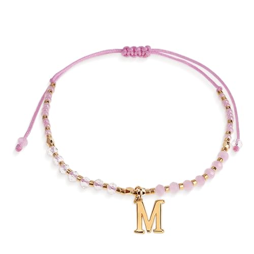 Pink Gold Beaded Natural Stone Initial Bracelets for Women Teen, Boho Handmade Personalized Gemstone Beads Letter Name Braided Rope Adjustable Bracelet Beach Bohemian Jewelry Gift - color: M