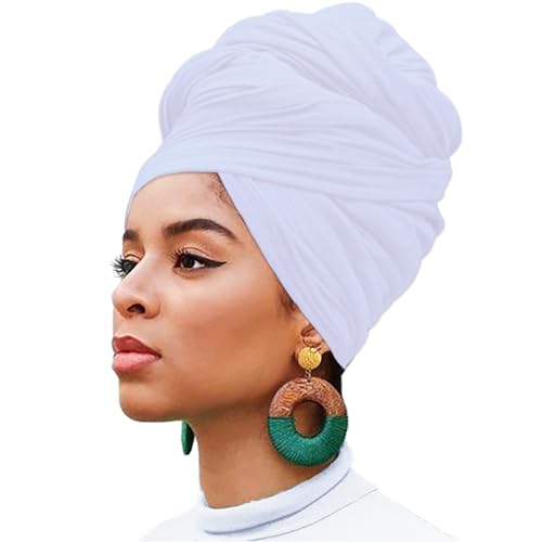 XTREND 1 Piece Head Wrap Stretch African Turban Bohemian Extra Long Scarf Soft Breathable Headwraps Solid Color Knit Head Scarves Turban Tie for Women (White) - color: Z1 White