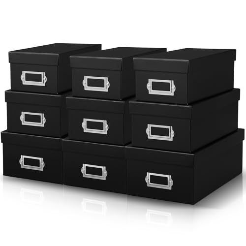 9 Pcs Kraft Storage Boxes Rectangle Stacking Boxes with Lids and Cardboard Organizers with Gold Label Holders for Home Decor and Organizing (Black) - color: Black