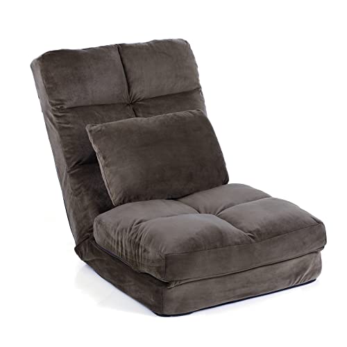 Floor Chair with Back Support & Pillow - 14-Position Adjustable Recliner, Soft Coral Velvet Folding Indoor Chaise Lounge for Adults (Brown) - color: Brown