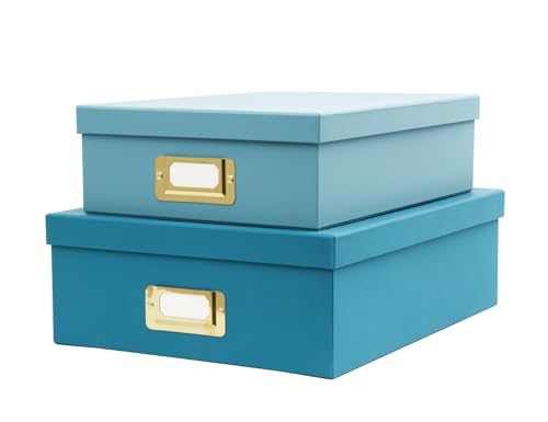 2-Piece Decorative Storage Boxes with Lids, Ocean Blue and Sky Blue combination Document Organizers with Gold Label Holders, Home Decor, Photo Storage, Files Organizer and Keepsake Box - color: BLUE
