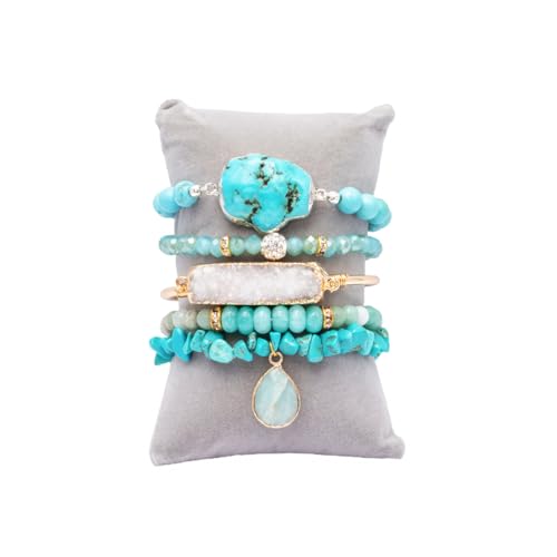 5PCS Natural Boho Beaded Bracelets Bangle for Women Men,Healing Turquoise Jasper Agate Crystal Gemstone Stone Chakra Multilayer Wrap Bohemian Handmade Jewelry Beads Stretch Bracelet Set - color: Blue