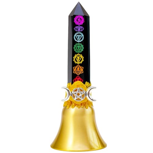 Super Loud Obsidian Handbells Altar Bells Natural Tower Bell Witch's Bells Call Bells for Meditation, Prayer, Reception, Pet Feeding and Home Decoration (7 Chakras Obsidian, 4.53") - color: 7 Chakras Obsidian, size: 4.53"