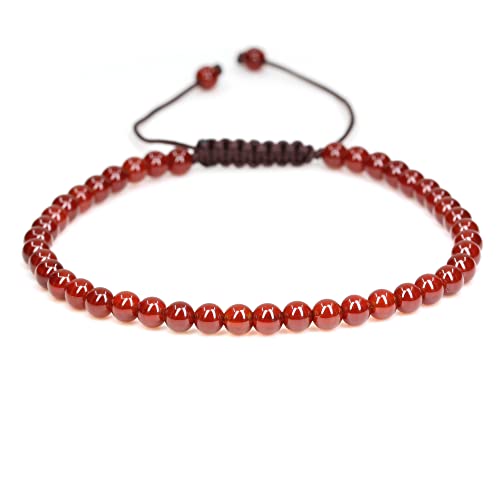 Keleny Natural Gemtones 4mm Round Beads Crystal Adjustable Braided Macrame Tassels Bracelets Unisex - color: Dyed Red Agate