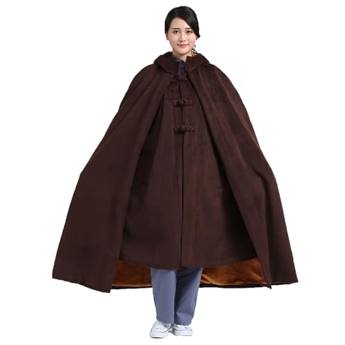 Meditation Buddhist Hooded Cloak Coat,Winter Thickened Plus Velvet Long Monk Monk Master Meditation Cloak Meditation - color: Coffee, size: X-Large