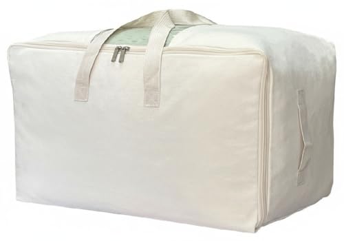 Soft Canvas Clothes Storage Bags with Four Carrying Handles and Clear Window, Closet Organizer for Clothing, Blankets Sheets and Bedding, 55L, Beige - color: Beige, size: 55L - 1 Pack