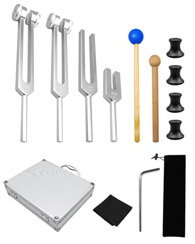 4 Pcs Tuning Fork Set (128Hz, OM 136.1Hz, MI 528Hz, 4096Hz), Solfeggio Tuning Fork Set with Rubber Mallet Sound Tool and Aluminum Box for Sound Regulation Stress Reduction Yoga Meditation Relaxation
