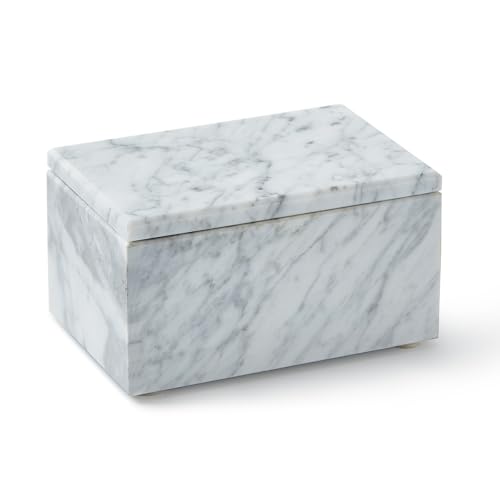 Natural Marble Storage Box with Lid, Rectangular Stone Organizer Box for Jewelry, Cotton Swabs, Makeup, 5.9x3.9x3.1 Inch Luxury Home Decor Marble Keepsake Box (White) - color: White