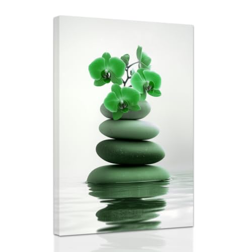 ZXHYWYM Zen Wall Art Stones Picture Orchid Canvas Painting Green Zen Water Prints Spa Bathroom Decor Meditation Yoga Room Office Home Framed (12" x 18") - color: Green, size: 12" x 18"