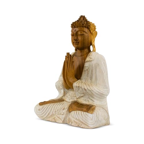 G6 Collection Wooden Serene Sitting Buddha Statue Handmade Meditating Sculpture Figurine Home Decor Accent Wood Hand Carved Modern Contemporary Oriental Buddha Anjali Mudra (8" Tall – Whitewashed)