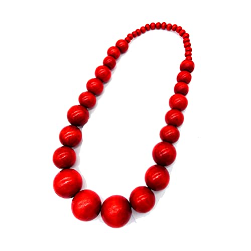 COLORFUL BLING Ethnic Natural Wood Beads Necklace for Men Women Africa Wooden Chain Chunky Strand Necklace Statement Hip Hop Jewelry - color: short red