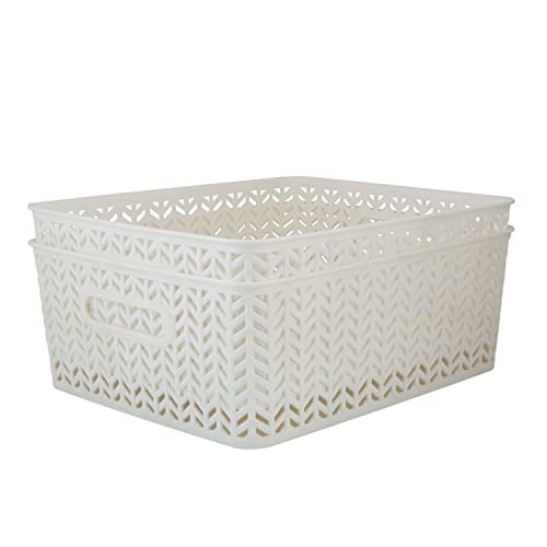 Simplify 2 Pack Medium Herringbone Storage Basket | Dimensions: 14"x11.5"x5.15" | Multipurpose | Home Organization | 2 Open Handles | White - color: White, size: Medium, style: 2 Pack