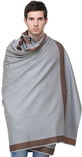 Exotic India Plain Men's Shawl with Brown Woven Border - Pure Wool - color: Gray